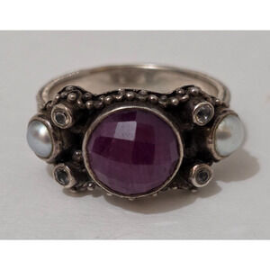 Sterling Silver Signed SI India Faceted Ruby Pearl CZ Ring Sz 9
